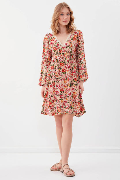 FLORAL DRESS WITH LACED COLLAR & ELASTANE SLEEVES AND WAIST
