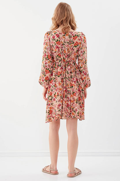 FLORAL DRESS WITH LACED COLLAR & ELASTANE SLEEVES AND WAIST