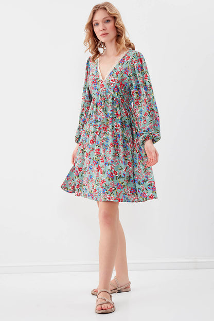 FLORAL DRESS WITH LACED COLLAR & ELASTANE SLEEVES AND WAIST
