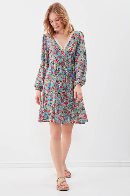 FLORAL DRESS WITH LACED COLLAR & ELASTANE SLEEVES AND WAIST