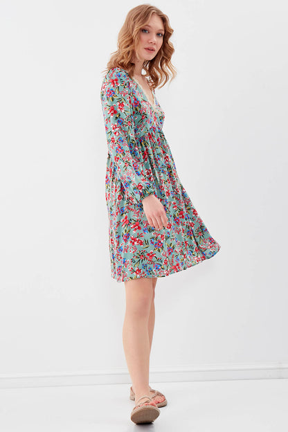 FLORAL DRESS WITH LACED COLLAR & ELASTANE SLEEVES AND WAIST
