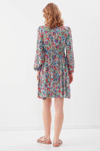 FLORAL DRESS WITH LACED COLLAR & ELASTANE SLEEVES AND WAIST