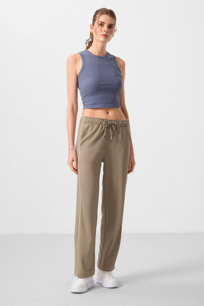 Dark Beige Soft Textured Side Panel Detailed Wide Leg Women's Palazzo Trousers - 94669