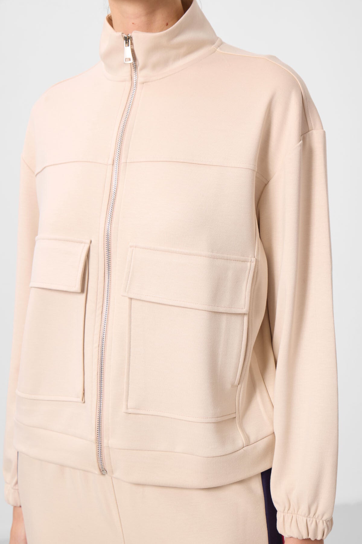 Dark Beige Soft Textured High Collar Oversize Cargo Pocket Women's Crop Top Sweatshirt - 97301