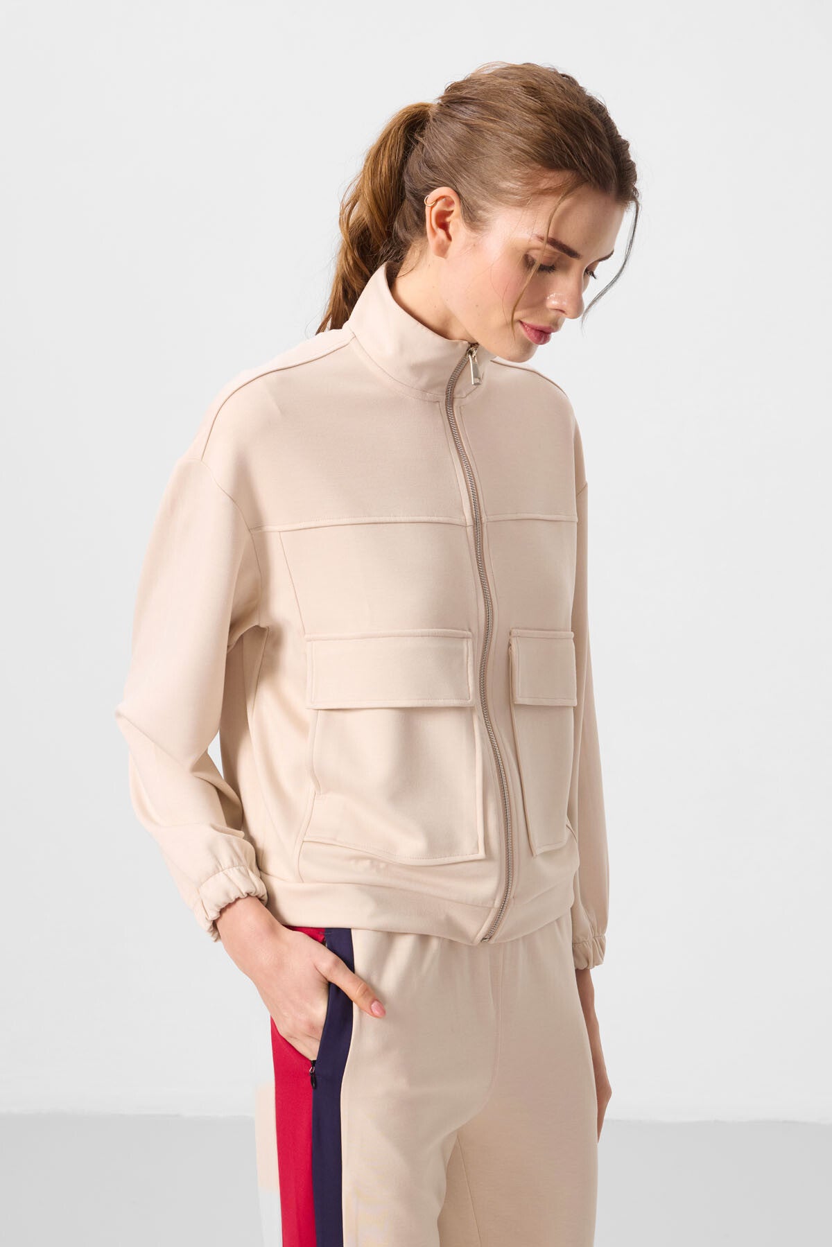 Dark Beige Soft Textured High Collar Oversize Cargo Pocket Women's Crop Top Sweatshirt - 97301