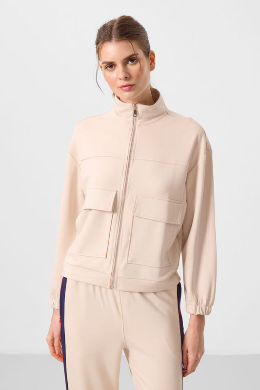 Dark Beige Soft Textured High Collar Oversize Cargo Pocket Women's Crop Top Sweatshirt - 97301