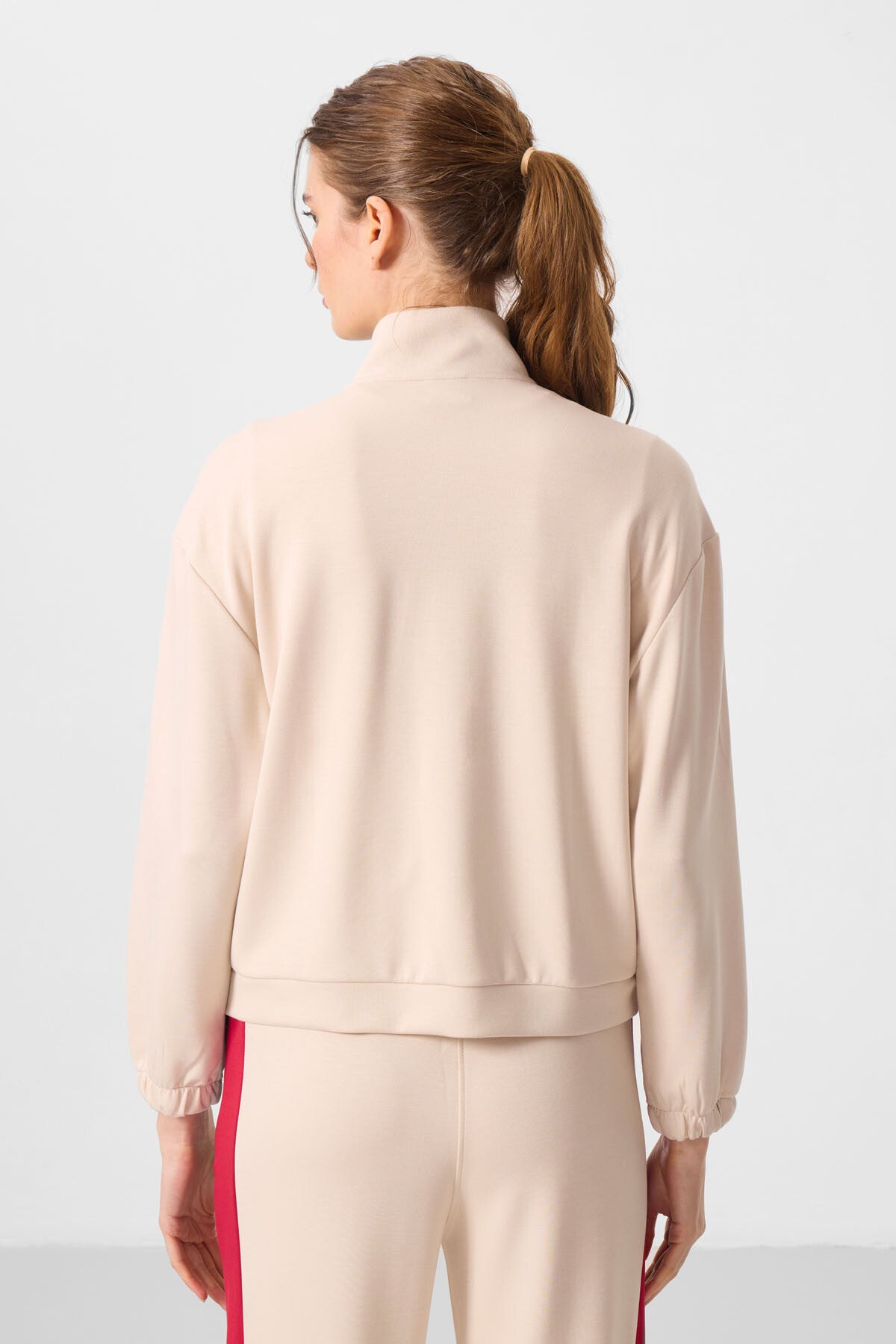 Dark Beige Soft Textured High Collar Oversize Cargo Pocket Women's Crop Top Sweatshirt - 97301