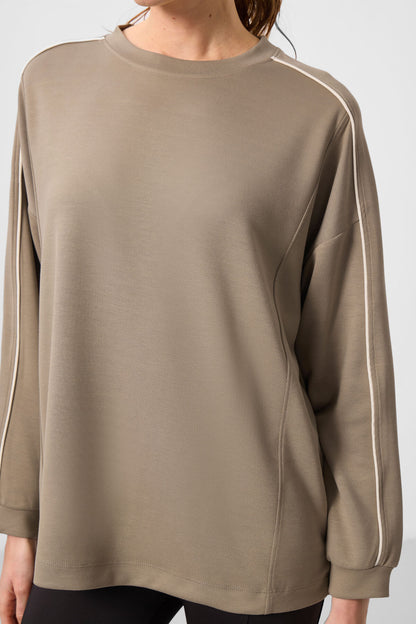 Dark Beige Soft Textured O Collar Oversize Women's Tunic Sweatshirt - 97303