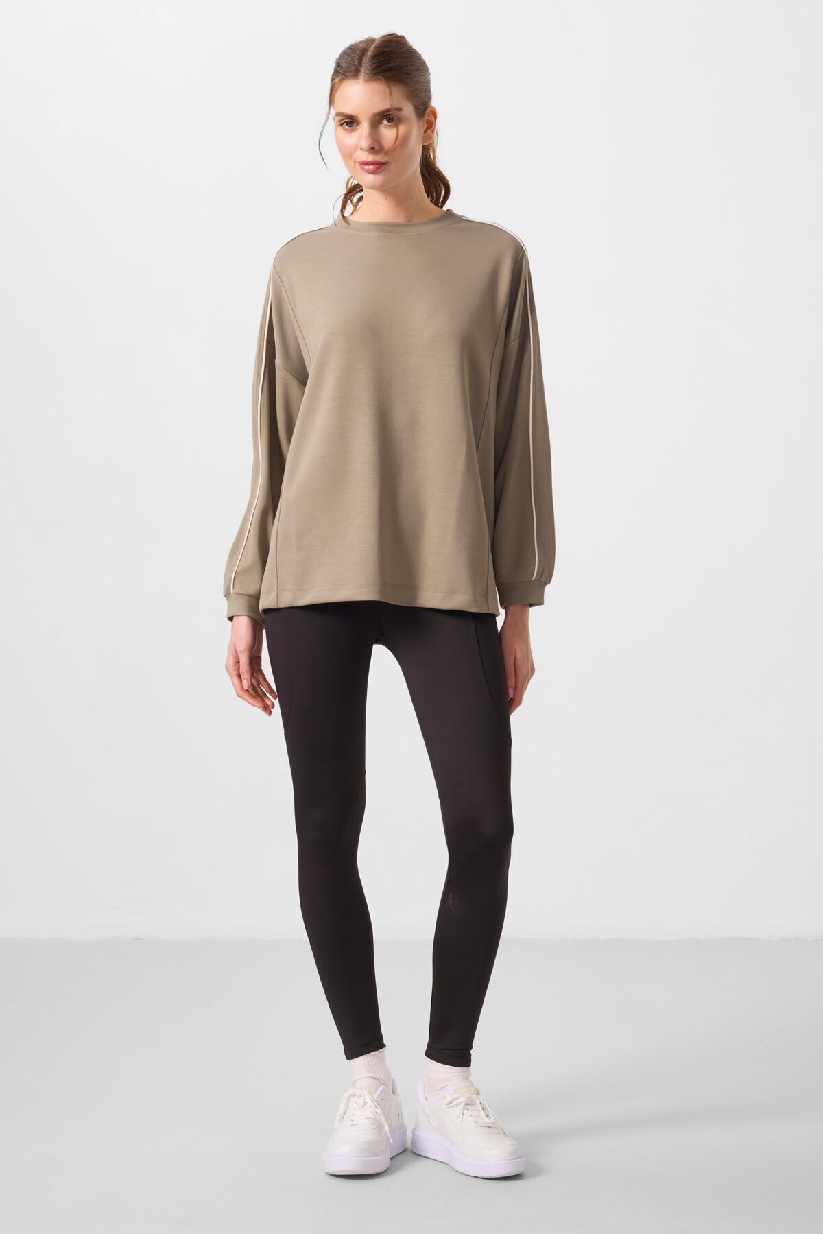 Dark Beige Soft Textured O Collar Oversize Women's Tunic Sweatshirt - 97303
