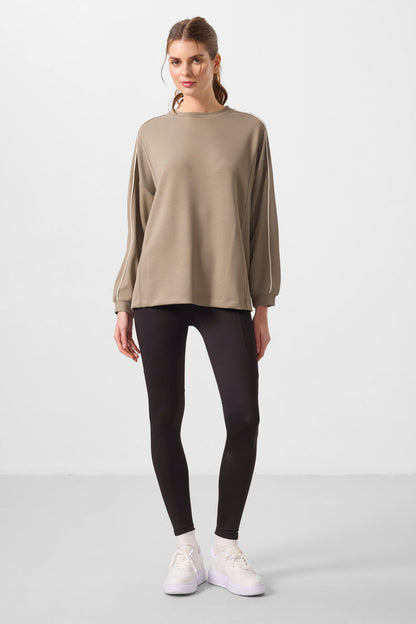 Dark Beige Soft Textured O Collar Oversize Women's Tunic Sweatshirt - 97303