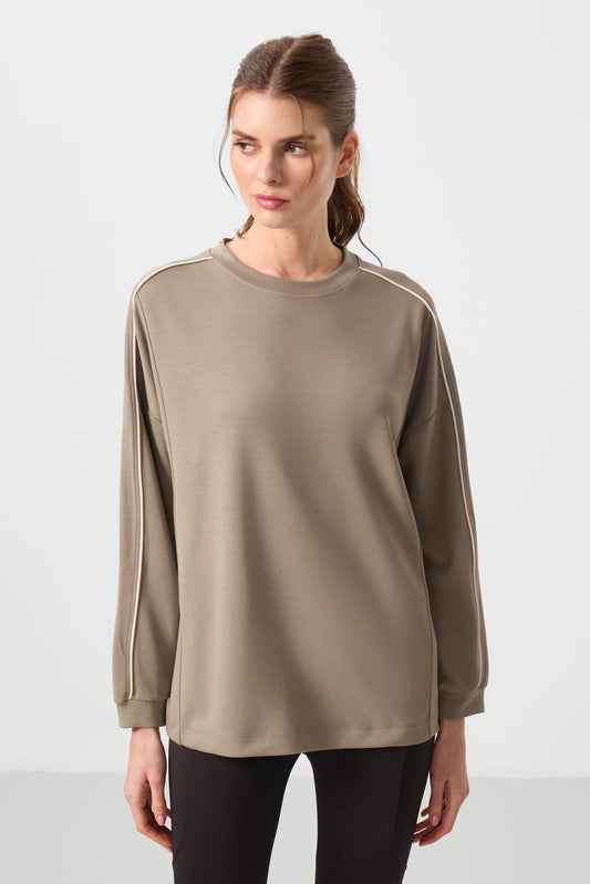 Dark Beige Soft Textured O Collar Oversize Women's Tunic Sweatshirt - 97303