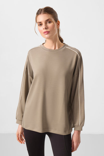 Dark Beige Soft Textured O Collar Oversize Women's Tunic Sweatshirt - 97303