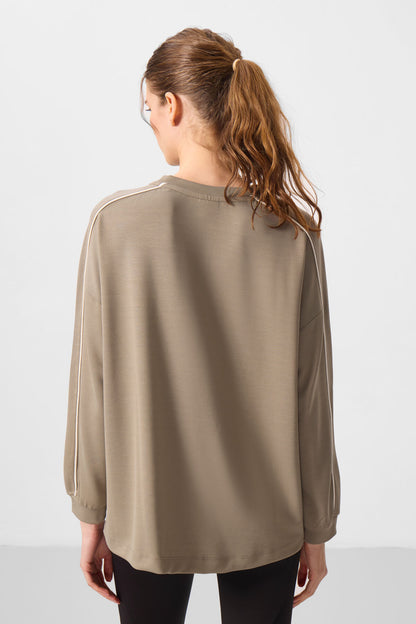 Dark Beige Soft Textured O Collar Oversize Women's Tunic Sweatshirt - 97303