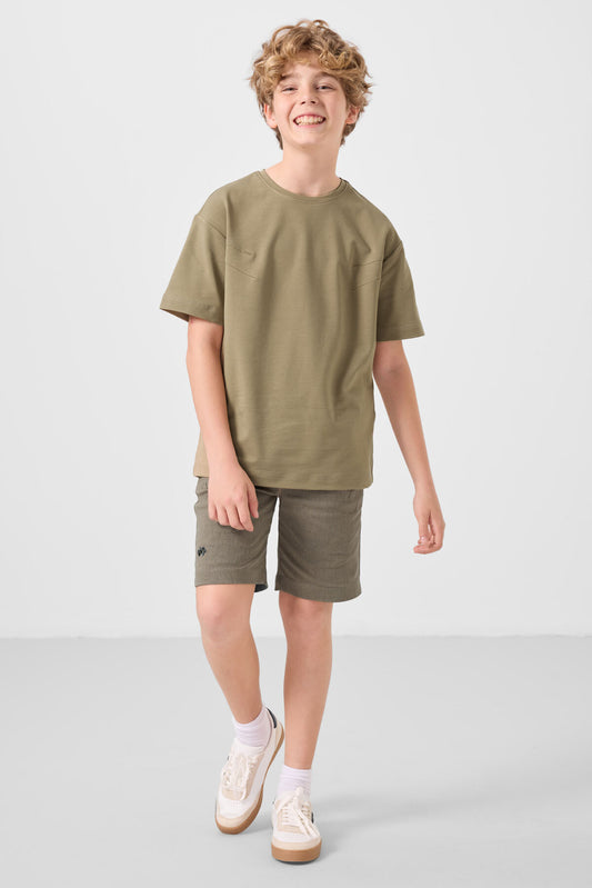 Dark beige-camel cotton oversized fit woven lightweight elastic Chino shorts set - 11277