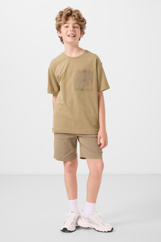 Dark beige-camel cotton oversized fit woven lightweight elastic Chino boys' shorts set - 11278