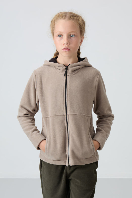 Dark Beige Thick Soft Textured Standard Fit Embroidered Fleece Girls' Sweatshirt - 75152