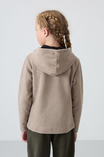 Dark Beige Thick Soft Textured Standard Fit Embroidered Fleece Girls' Sweatshirt - 75152