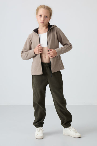 Dark Beige Thick Soft Textured Standard Fit Embroidered Fleece Girls' Sweatshirt - 75152