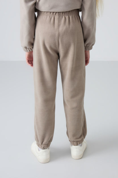 Dark Beige Thick Soft Textured Standard Fit Embroidered Fleece Girls' Tracksuit Bottom - 75155