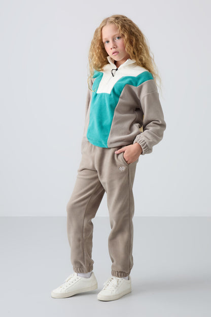 Dark Beige Thick Soft Textured Standard Fit Embroidered Fleece Girls' Tracksuit Bottom - 75155