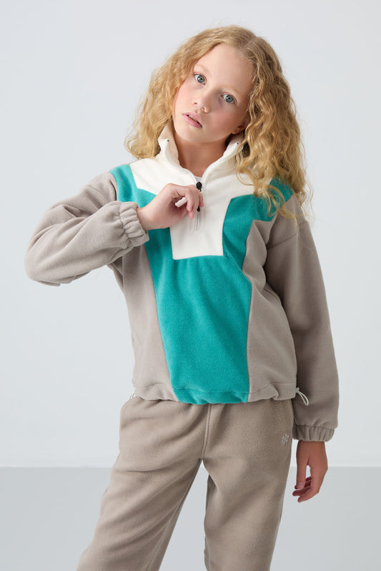 Dark Beige Thick Soft Textured Oversize Embroidered Fleece Girls' Sweatshirt - 75153