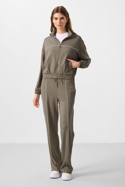 Dark Beige Soft Textured High Collar Oversize Elastane Women's Tracksuit Set - 95349