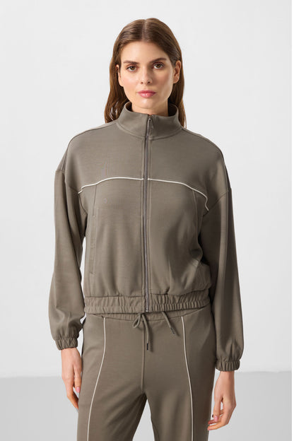 Dark Beige Soft Textured High Collar Oversize Elastane Women's Tracksuit Set - 95349