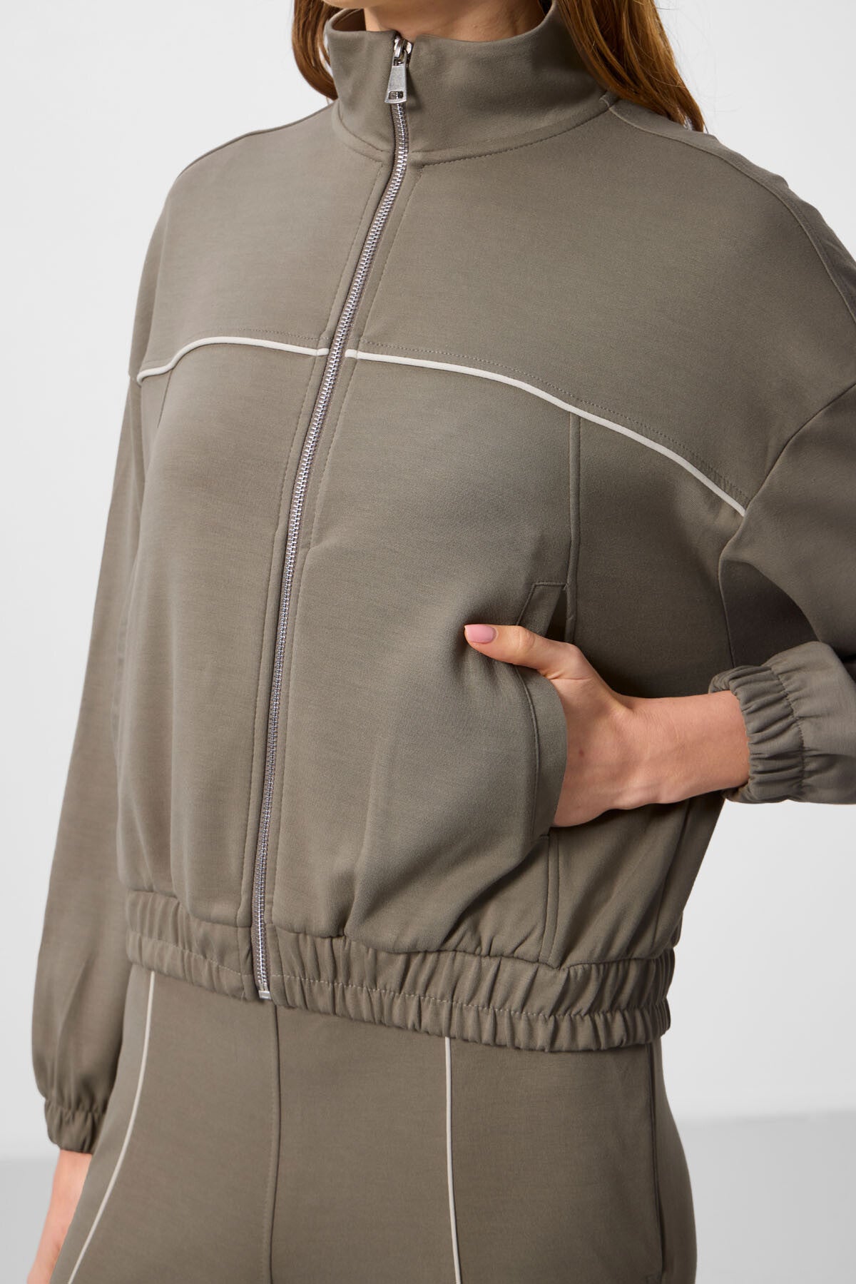 Dark Beige Soft Textured High Collar Oversize Elastane Women's Tracksuit Set - 95349