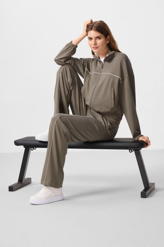 Dark Beige Soft Textured High Collar Oversize Elastane Women's Tracksuit Set - 95349