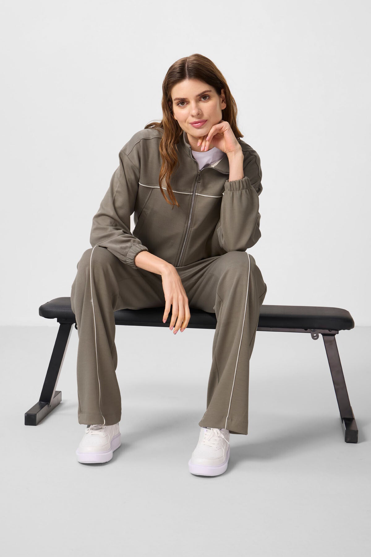 Dark Beige Soft Textured High Collar Oversize Elastane Women's Tracksuit Set - 95349