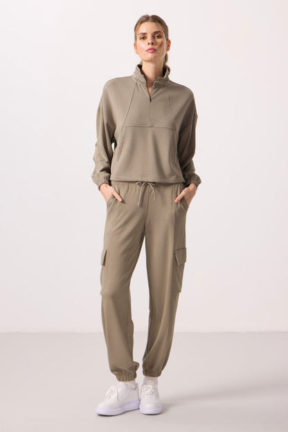 Dark Beige Soft Textured High Neck Hidden Zipper Oversize Women's Tracksuit Set - 95351