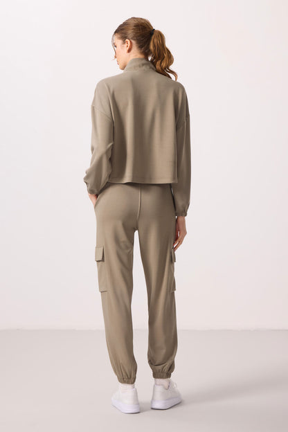 Dark Beige Soft Textured High Neck Hidden Zipper Oversize Women's Tracksuit Set - 95351