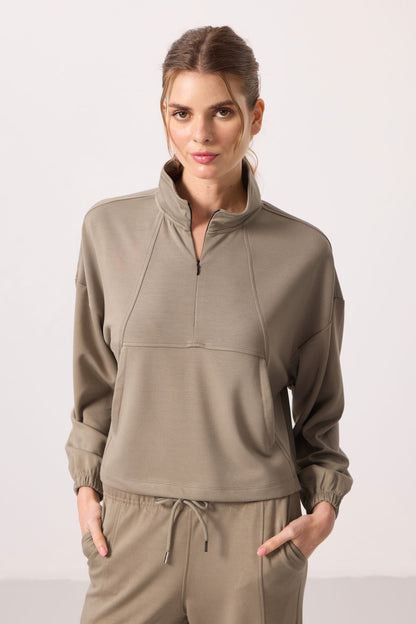 Dark Beige Soft Textured High Neck Hidden Zipper Oversize Women's Tracksuit Set - 95351