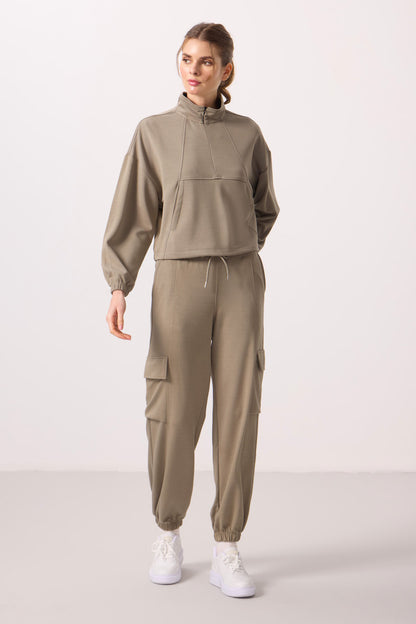 Dark Beige Soft Textured High Neck Hidden Zipper Oversize Women's Tracksuit Set - 95351