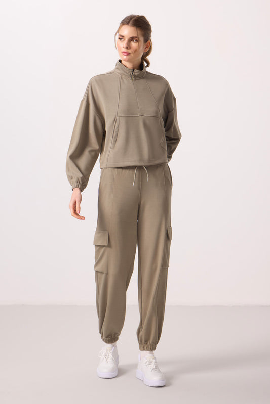 Dark Beige Soft Textured High Neck Hidden Zipper Oversize Women's Tracksuit Set - 95351