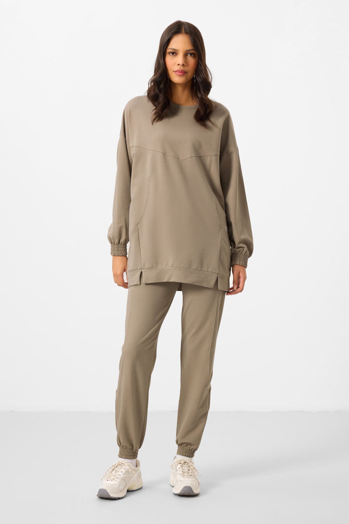 Dark Beige O Collar Basic Oversize Women's Tracksuit Tunic Set - 95347