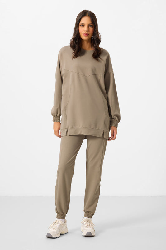 Dark Beige O Collar Basic Oversize Women's Tracksuit Tunic Set - 95347