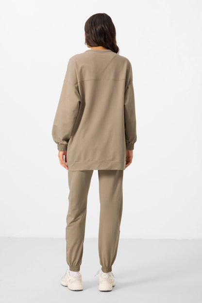 Dark Beige O Collar Basic Oversize Women's Tracksuit Tunic Set - 95347