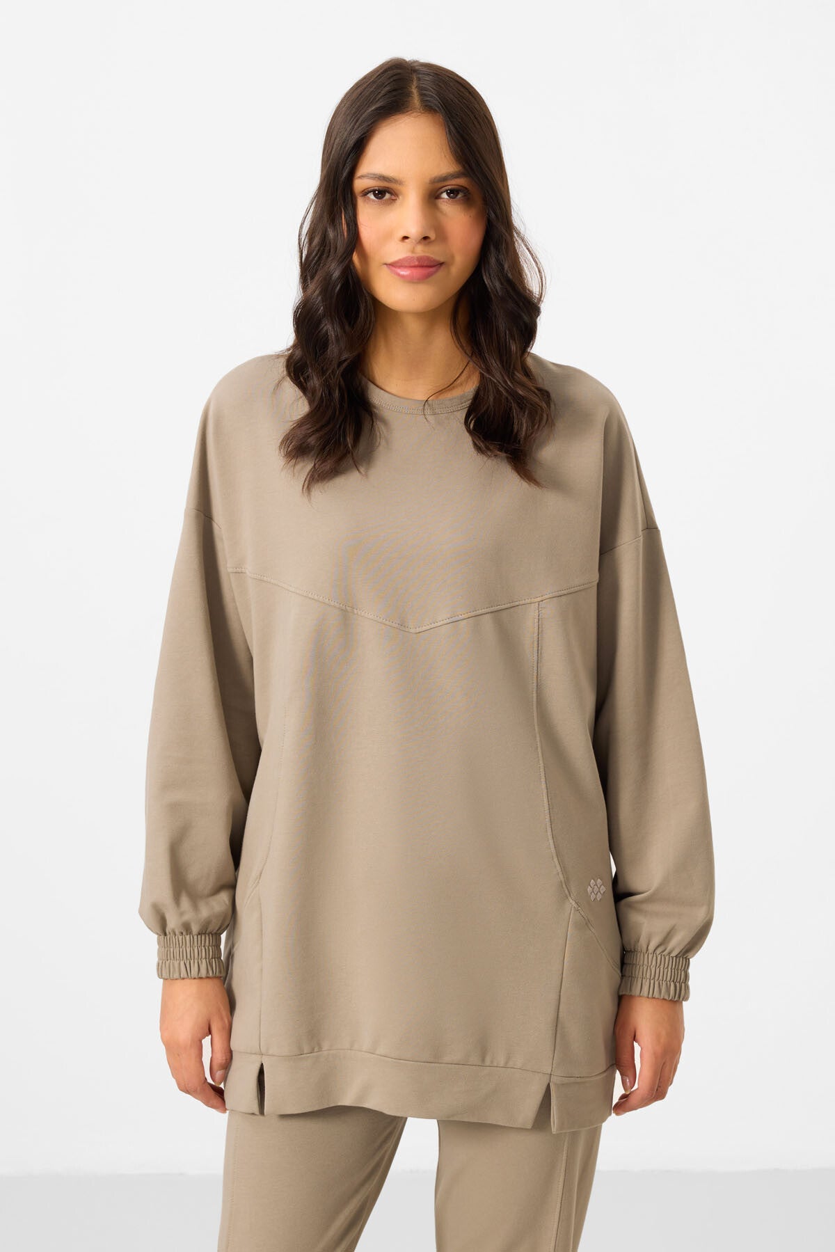 Dark Beige O Collar Basic Oversize Women's Tracksuit Tunic Set - 95347