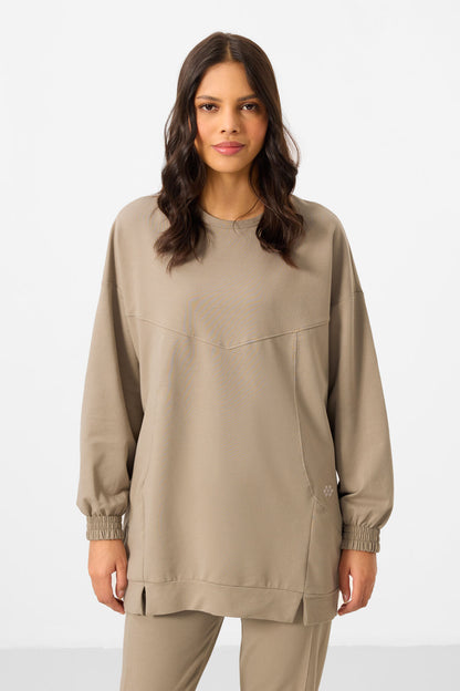 Dark Beige O Collar Basic Oversize Women's Tracksuit Tunic Set - 95347