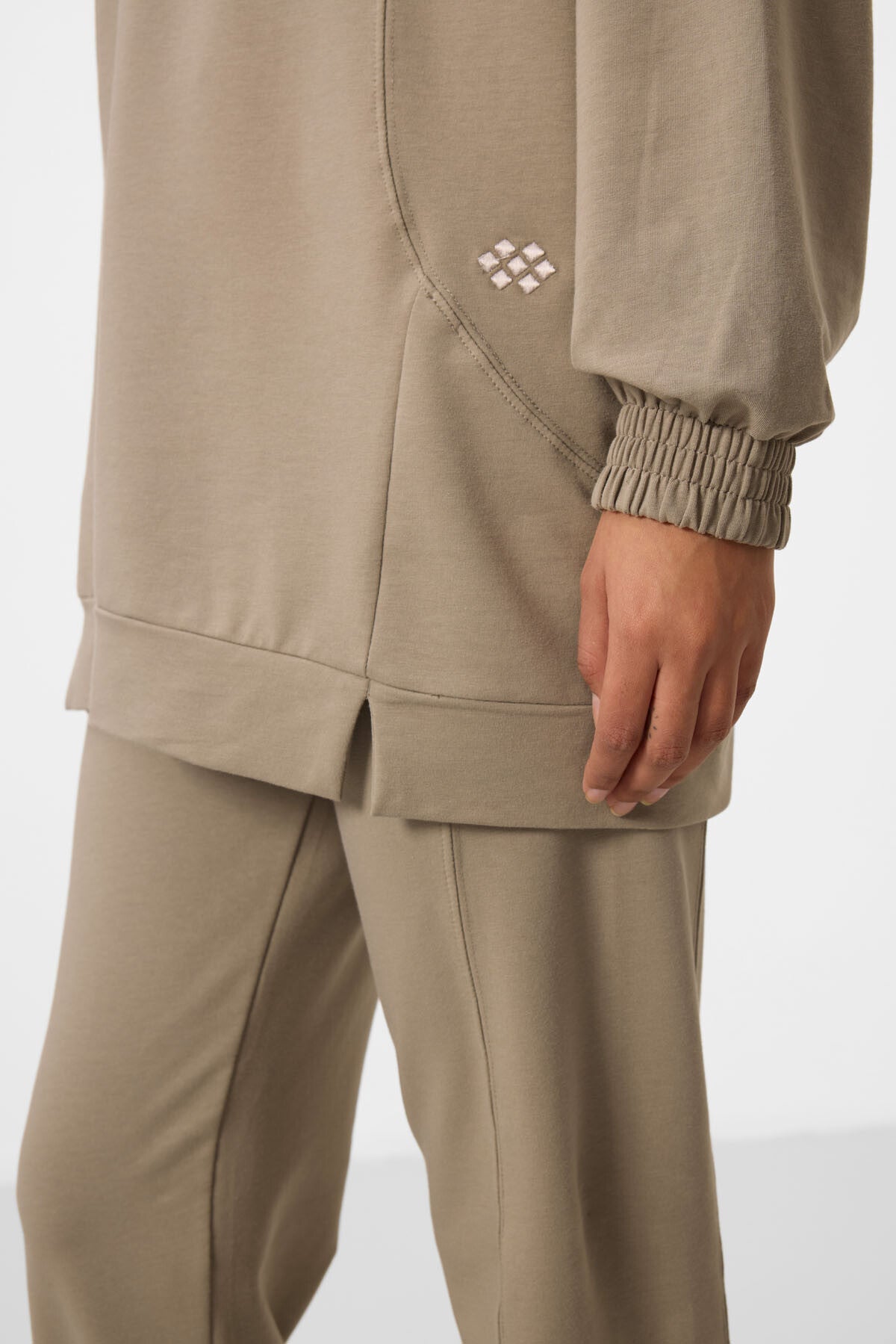 Dark Beige O Collar Basic Oversize Women's Tracksuit Tunic Set - 95347