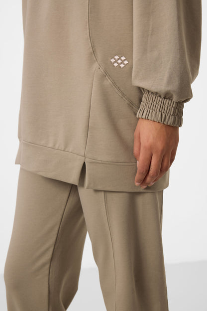 Dark Beige O Collar Basic Oversize Women's Tracksuit Tunic Set - 95347