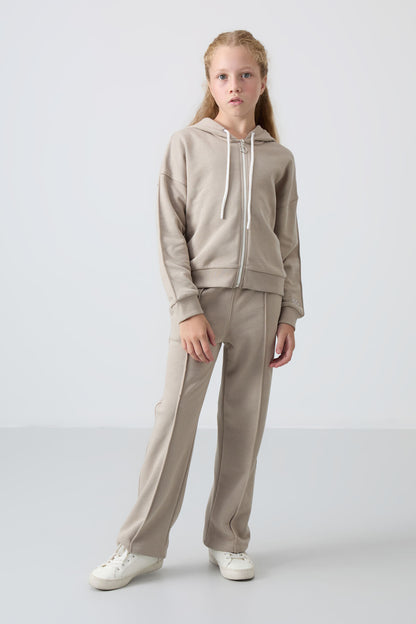 Dark Beige Cotton Fleece-Lined Soft Textured Standard Fit Embroidered Girls' Tracksuit Set - 75161