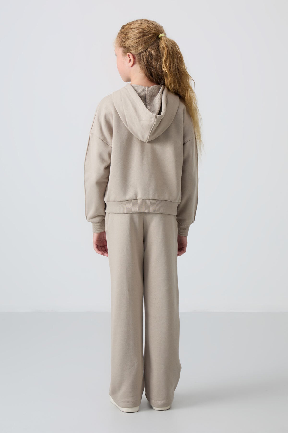 Dark Beige Cotton Fleece-Lined Soft Textured Standard Fit Embroidered Girls' Tracksuit Set - 75161