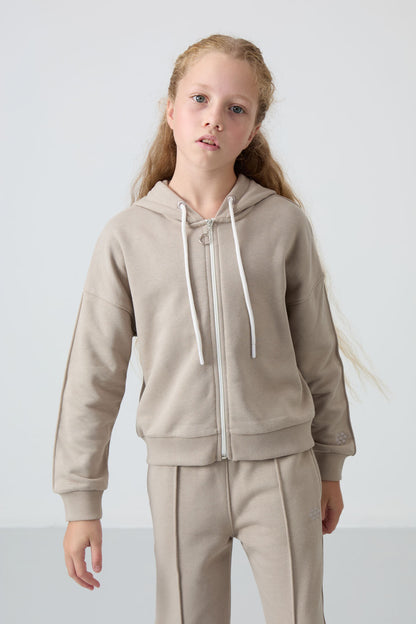 Dark Beige Cotton Fleece-Lined Soft Textured Standard Fit Embroidered Girls' Tracksuit Set - 75161