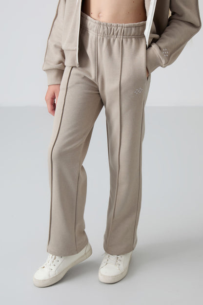 Dark Beige Cotton Fleece-Lined Soft Textured Standard Fit Embroidered Girls' Tracksuit Set - 75161
