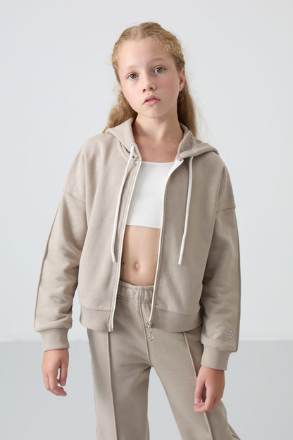 Dark Beige Cotton Fleece-Lined Soft Textured Standard Fit Embroidered Girls' Tracksuit Set - 75161