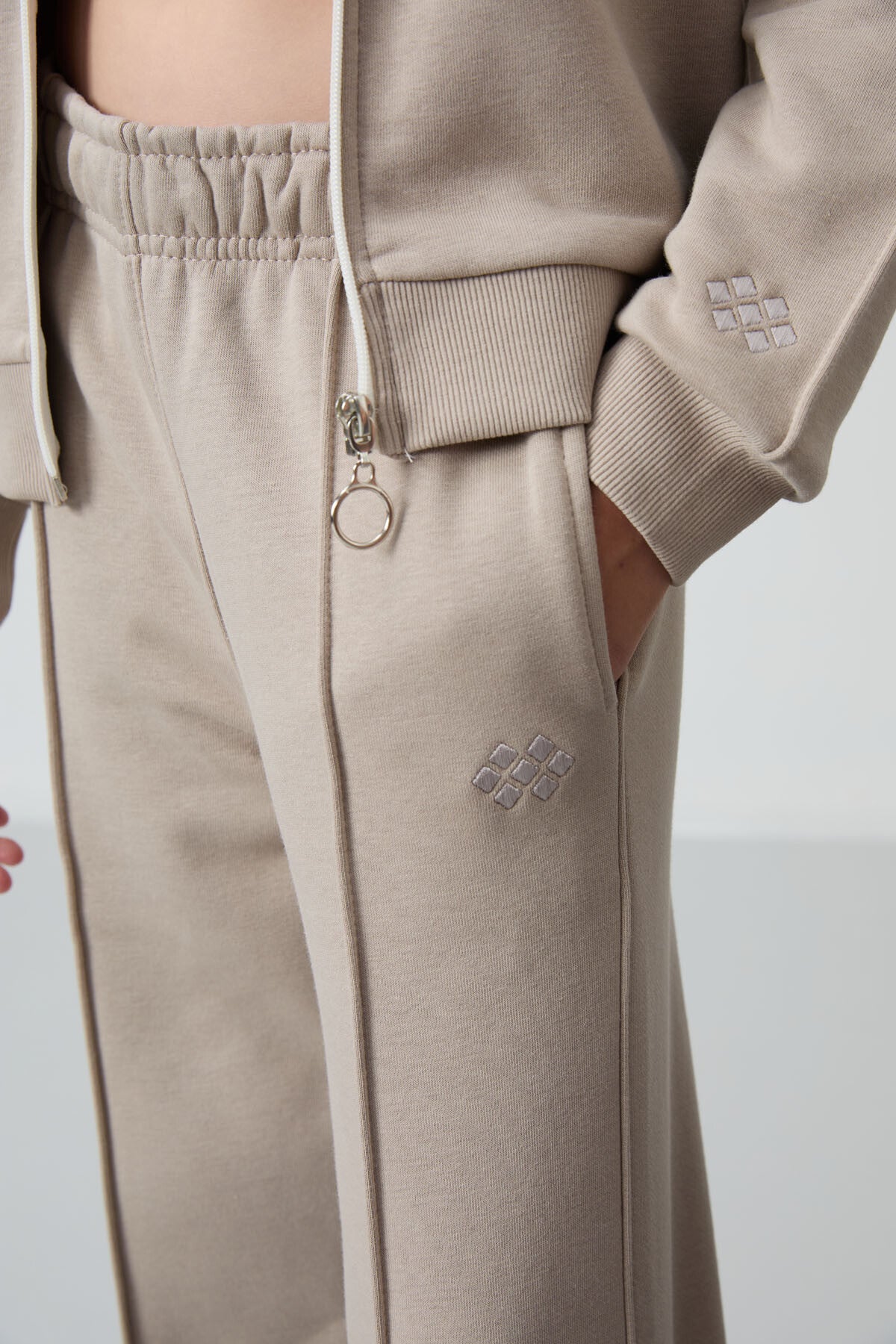 Dark Beige Cotton Fleece-Lined Soft Textured Standard Fit Embroidered Girls' Tracksuit Set - 75161