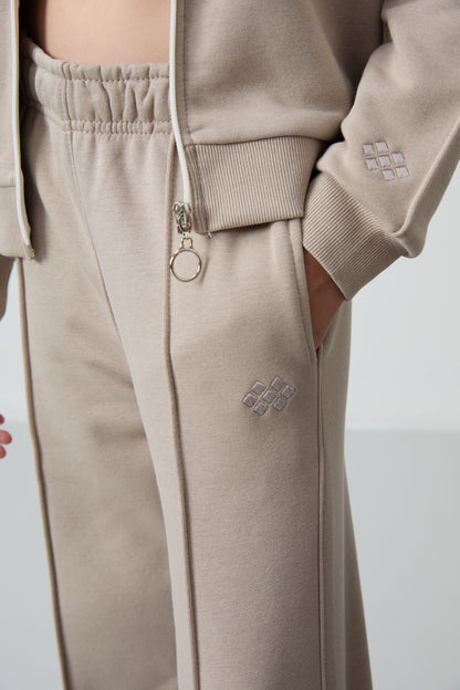 Dark Beige Cotton Fleece-Lined Soft Textured Standard Fit Embroidered Girls' Tracksuit Set - 75161