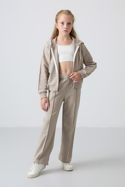 Dark Beige Cotton Fleece-Lined Soft Textured Standard Fit Embroidered Girls' Tracksuit Set - 75161